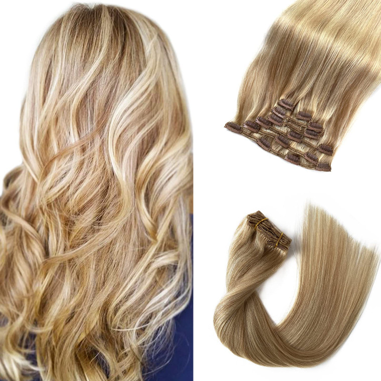 Clip in Hair Extensions, Blonde Highlights Real Human Hair Clip ins 15 Inch Silky Straight Double Weft Remy Hair Extensions Clip on 7 Pieces 70G 2 Se
