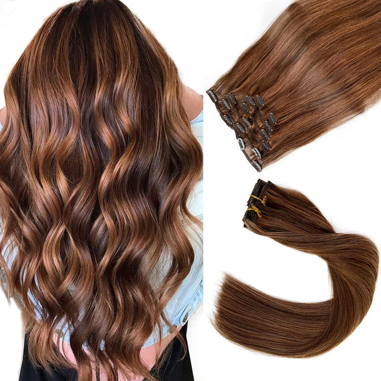 Remy Human Hair Clip in Extensions, Chocolate Brown Mixed Auburn Hair Extensions Clip in Real Human Hair,15 Inch 70G 7 Pcs Double Weft Hair Extension