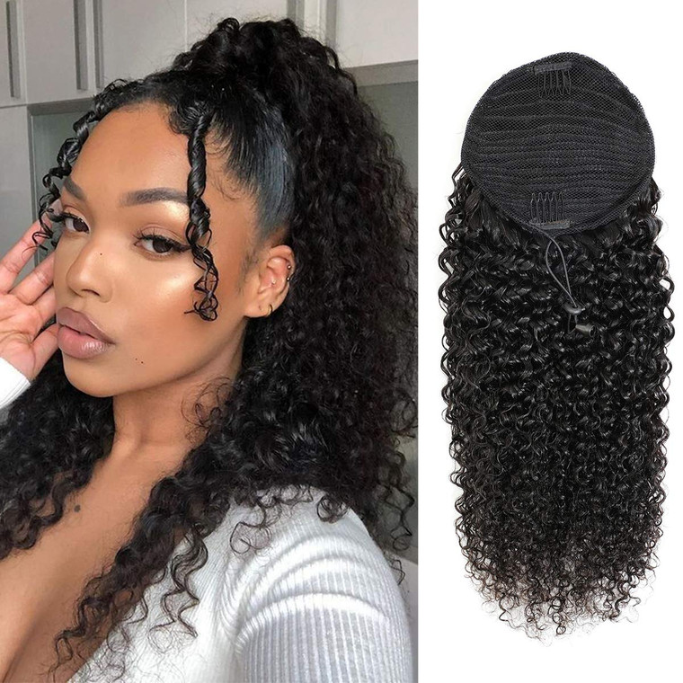 18''Curly Human Hair Ponytail with Wrap Drawstring 3C Remy Brazilian Human Hair Natural Color Afro Kinky Curly Hair Piece Clip-in Extensions Remy Hai
