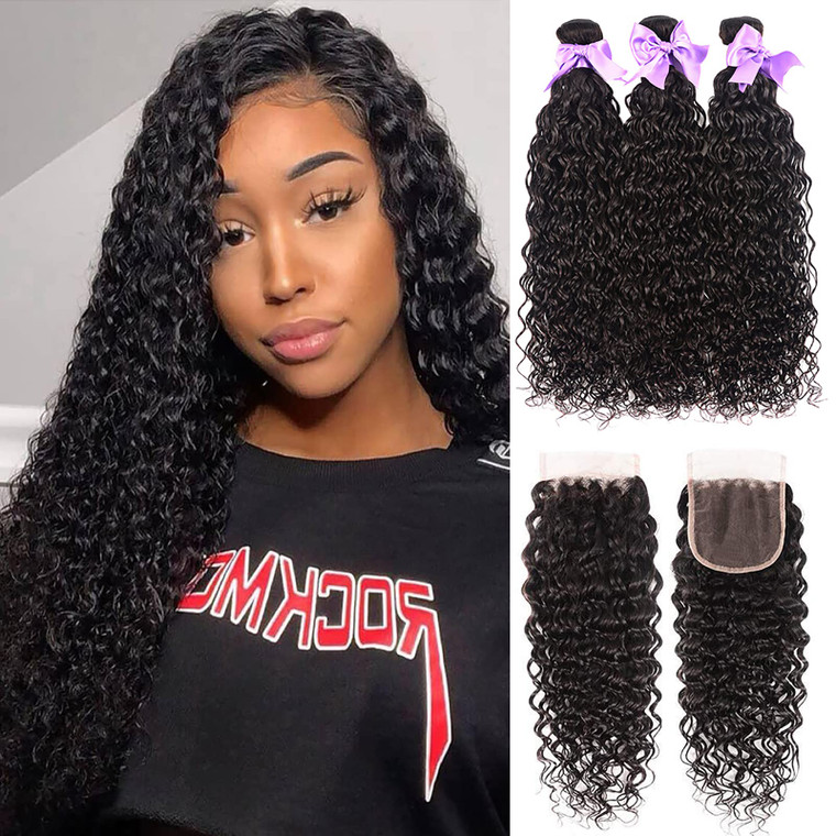 8A Brazilian Virgin Hair Water Wave 4 Bundles With Closure Free Part 100% Unprocessed Virgin Brazilian Human Hair Water Curly Ocean Wave Bundles With