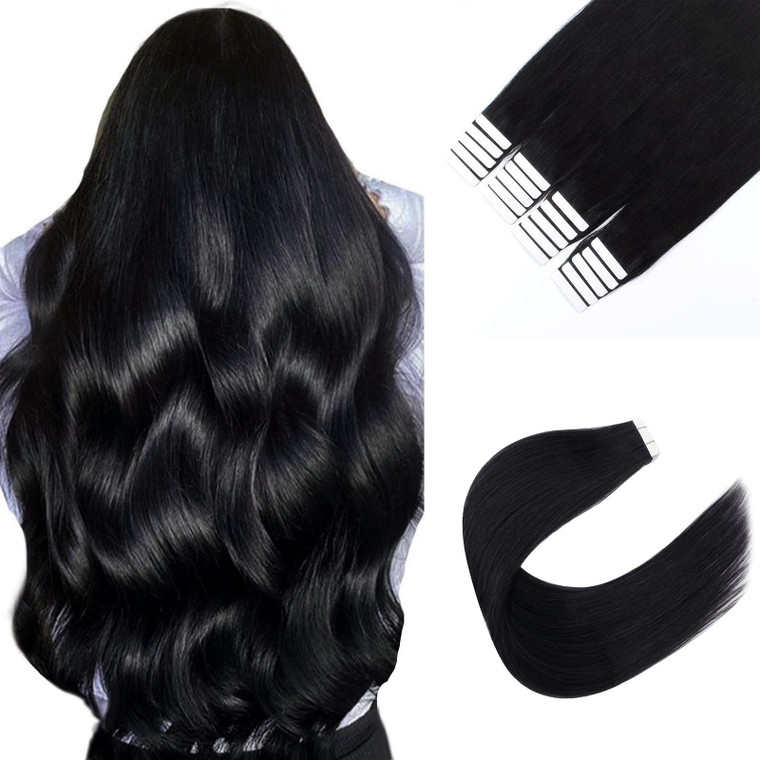 Sixstarhair Jet Black Tape In Hair Extensions Human Hair 20 Pieces Natural Black Hair Extensions Made of 100 Remy Human Hair and Double Side Tape [Co