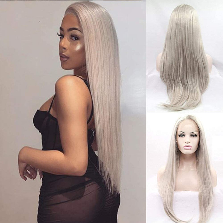 Grey Wig Handmade Lace Front Wigs for Women Long Straight Realistic Hair Wig Best Soft Lace Wig Natural Hairline Glueless Synthetic Heat Resistant Fi