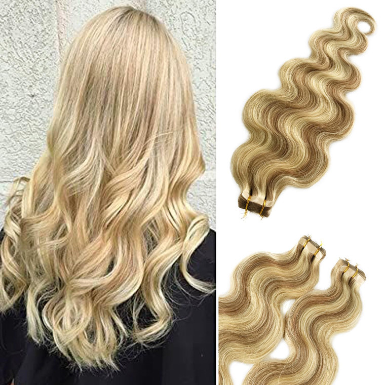Curly Tape in Hair Extensions Highlights #12 Golden Brown to #613 Blonde 24" Body Wavy Human Hair Extensions 70grams/20pcs Soft Silky Seamless Glue i