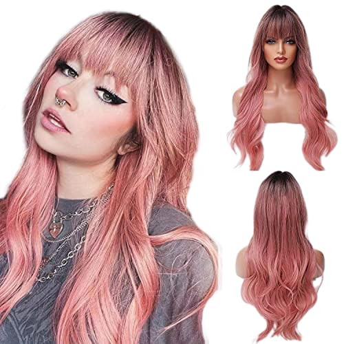 EMMOR Long Ombre Pink Wig for Women - Natural Curly Hair Synthetic Wigs With Bang Dark Root, Party Cosplay Daily Use (2pcs Free Wig Cap)