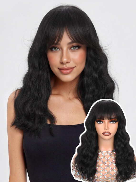 WIGNEE 100% Virgin Human Hair Natural Wave Wigs with Bangs Brazilian Human Hair Wave Wigs Natural Black Color (16 Inch)
