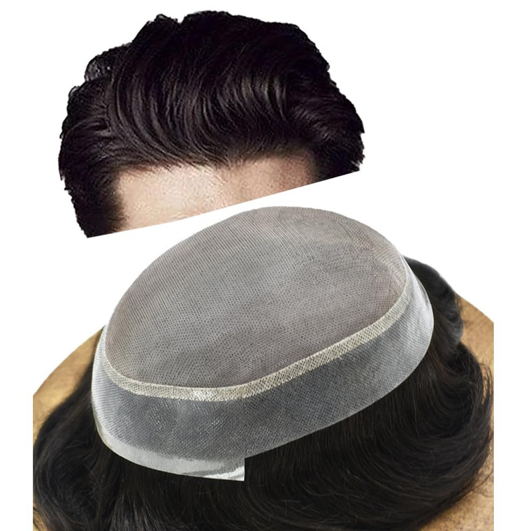 Toupee for Men Hair System Replacement Natural Black Mens Human Hair Piece Fine Mono Mens Toupee Clear Poly Skin Hairpiece Monofilament Wig 6"X8" #1B