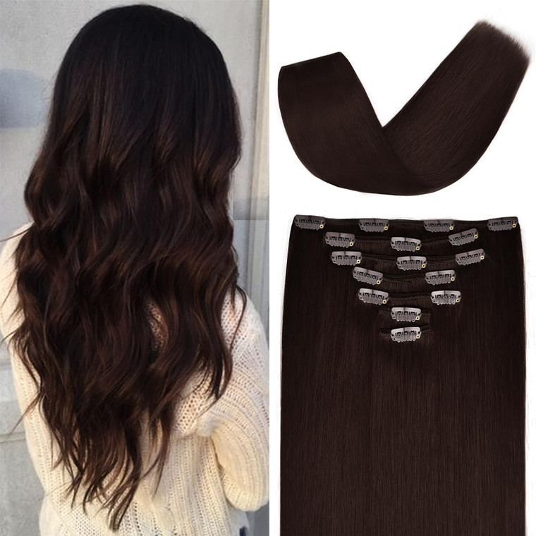 16 inches Clip in Hair Extensions Remy Human Hair - 70g 7pcs 16 Clips Straight Thick 100% Real Human Hair Extensions for Women Dark Brown #2 Color
