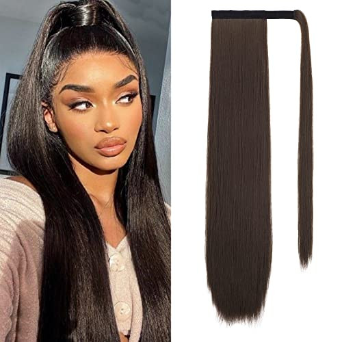 SEIKEA Clip in Ponytail Extension Wrap Around Straight Hair for Women (28", Dark Chocolate Brown)