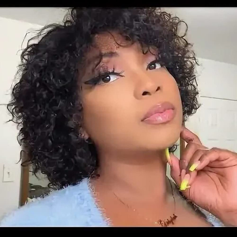 UDU Short Curly Human Hair Wigs For Black Women Short Curly Wigs Human Hair Non Lace Glueless Wig with Bangs Side Part Wigs (Nature Black)