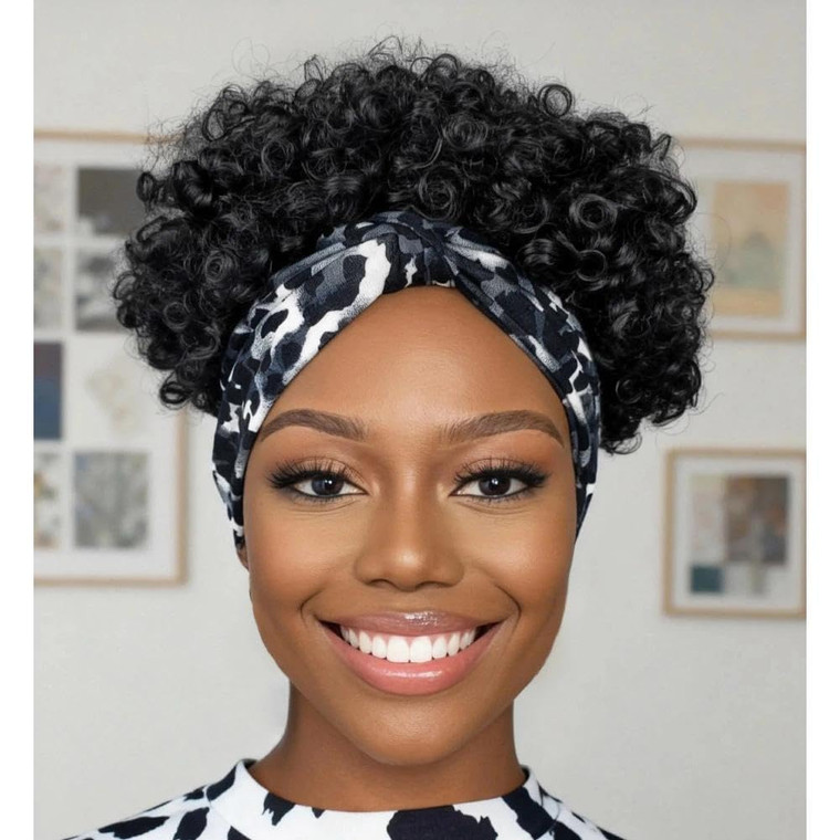 Allyreetress Short Afro Wigs for Black Women Afro Kinky Curly Wigs with Headbands Attached No Drawstring Leopard Short Headband Afro Puff Wigs for Bl