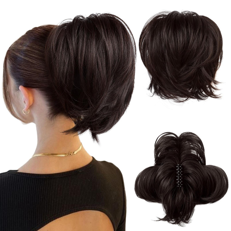 HOOJIH Ponytail Extension, Claw Clip in Straight Hair Bun Messy Bun 9 Inch Short Ponytail Extension with Bendable Metal Wire Hair Pieces for Women Fa