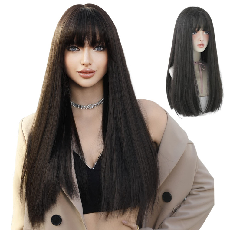7JHH WIGS Long Straight Wig With Bangs Hair Dye Black Wig for Women Synthetic Natural Black Hair Party And Cosplay Premium Soft Wig(23 inch Black)
