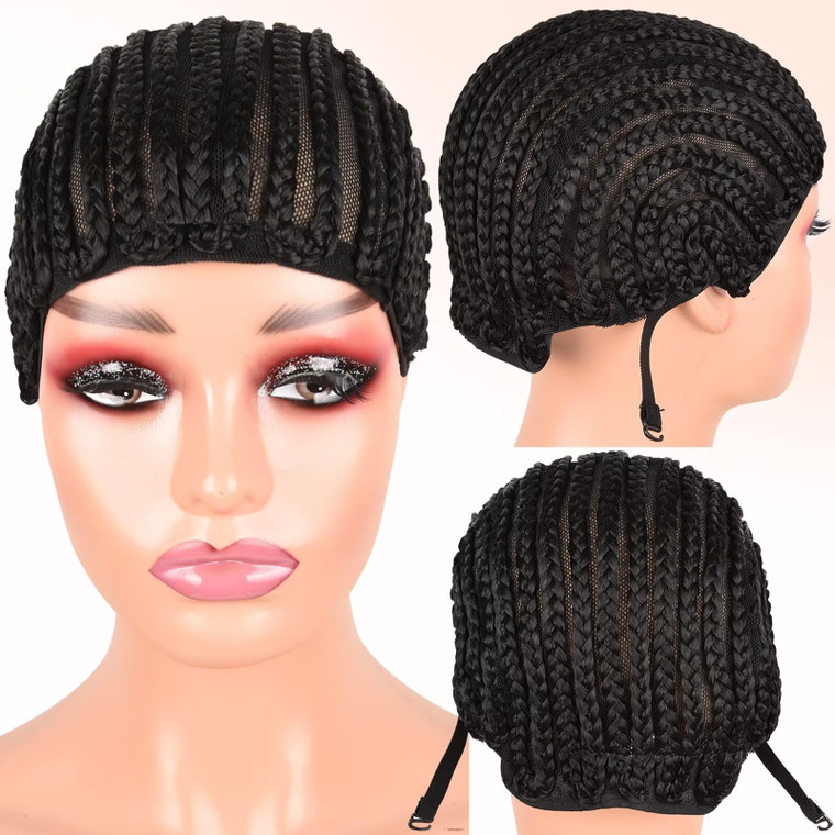 Royota Crochet Wig Cap Breathable Braided Cornrow Cap with Adjustable Band Straps for Easier Sew in Hair Weave Glueless Black Crochet Net Cap with Co