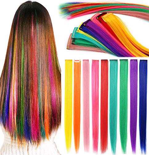 Rhyme 9 PCS Colored Hair Extensions Clip In 21 inch Straight Multicolored Hair Extensions Accessories For Girls Women Gift Party Highlights Wig Piece