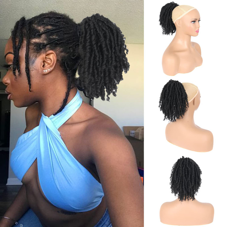 Oseti Dreadlock Curly Black Loc Drawstring Ponytail for Black Women, Short Loc Petal Bun Loc Accessories Clip in on Ponytails Hair Extensions Fake Po