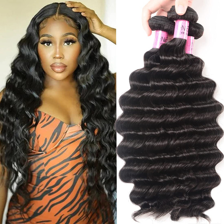 UNice Hair 10A Brazilian Loose Deep Wave Hair 3 Bundles, 100% Unprocessed Human Virgin Hair Weave Extensions Natural Color (22 24 26)