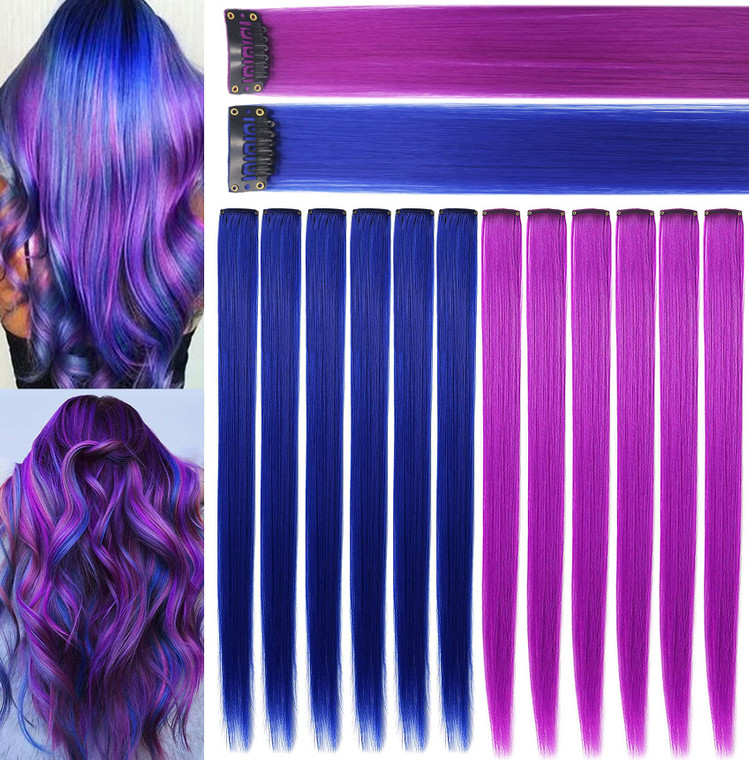 Rhyme Purple Blue Wig Hairpieces 21 inch Colored Hair Extension Clip in/on for Amercian Girls and Women Princess Party Highlight Wig Pieces for Girls