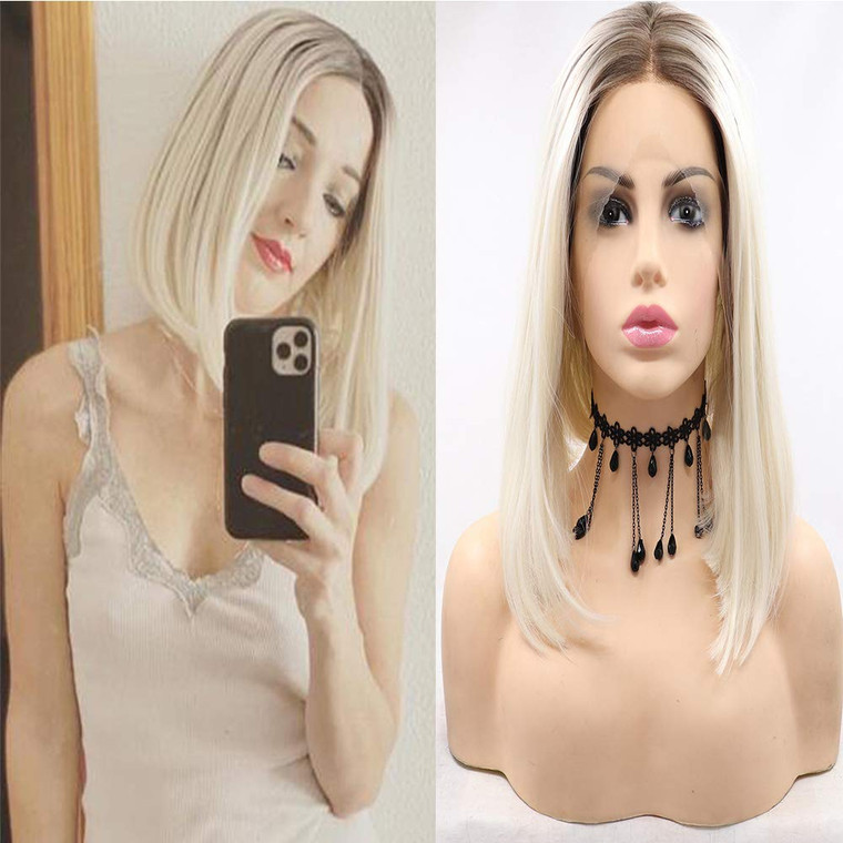 sylvia Blonde Bob Lace Front Wigs Short Straight Synthetic Wigs 14 Inch Natural Straight Synthetic Wigs Heat Resistant Fiber for Woman