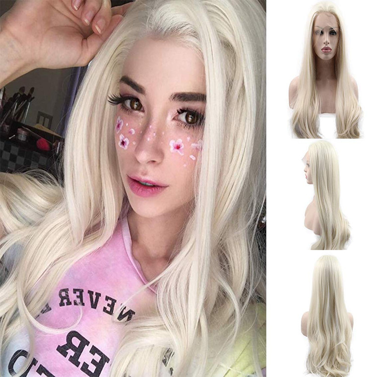 sylvia 60# Platinum Blonde Wave Hair 24" Long Natural Wave Realistic Hairline Synthetic Lace Front Wigs Soft Glueless Half Hand Tied Wig 180% Density