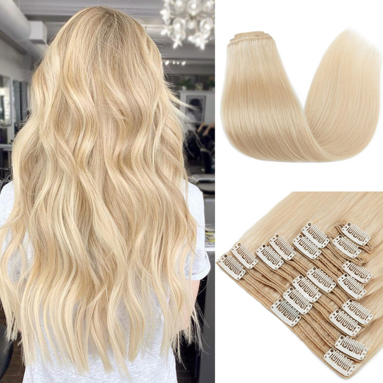 MY-LADY Double Weft 100% Remy Human Hair Clip in Extensions Grade 7A Quality Full Head Thick Long Straight 8pcs 18clips 24 inch 170g,#24 Natural Blon