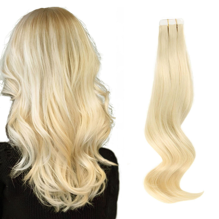 ABH AMAZINGBEAUTY HAIR Tape in Hair Extensions Human Hair, Semi-permanent Remy Human Hair Tape ins, 20 Pieces 50 Grams, Ash Platinum Blonde 60, 14 In