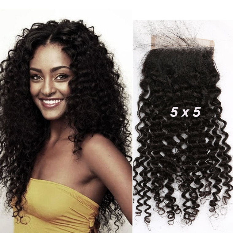 Sent Hair 5x5 Deep Curly Wave Lace Closure 100% Human Hair with Baby Hair Brazilian Virgin Hair Closure Free Part Natural Color 16inch