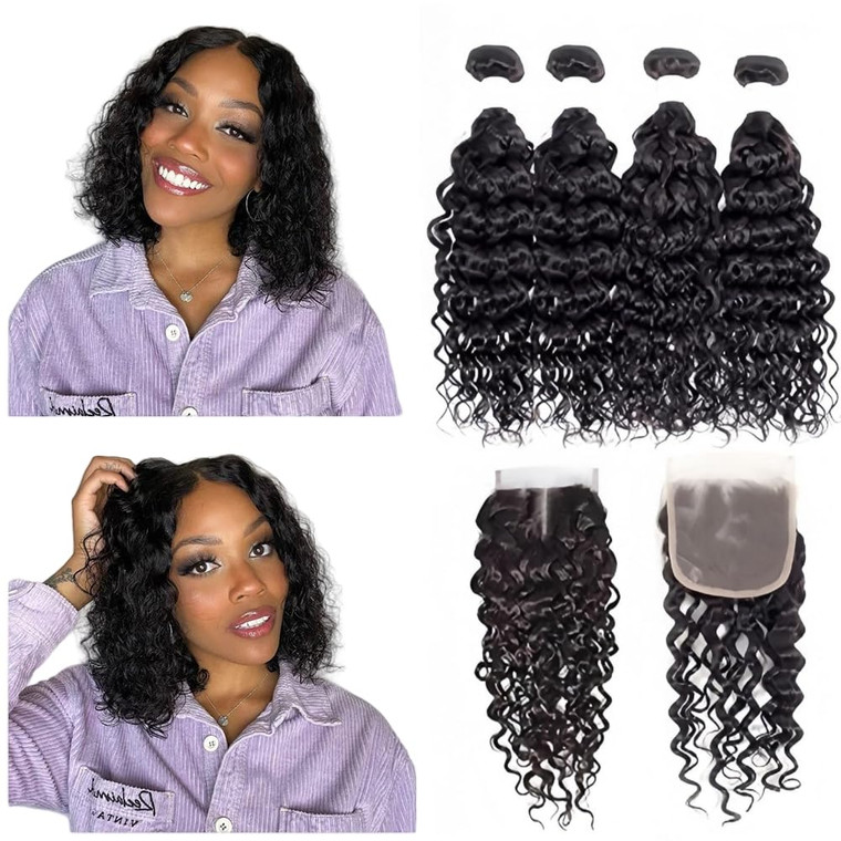 Foruiya Water Wave 4Bundles(50g/bundle) with Middle Part Closure Weave Hair Human Bundles with T Lace Closure Brazilian Wet and Wavy Bundles with Clo