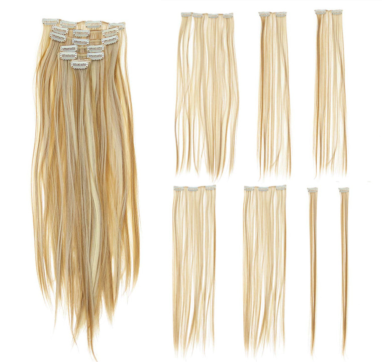 SWACC Women 22 Inches Straight Full Head 7 Separate Pieces Heat Resistance Synthetic Hair Clip in Hair Extensions (Strawberry Blonde/Bleach Blonde Hi