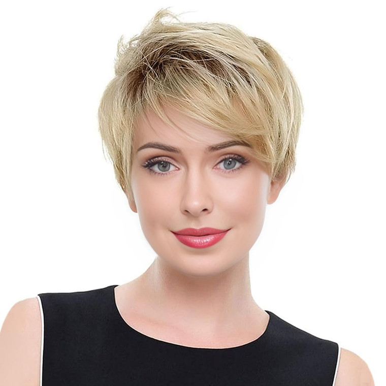 MIMAN Short Blonde Layered Wavy Wigs with Dark Color Roots Pixie Cut Wigs with Bangs Synthetic Hair Replacement Wig for Women
