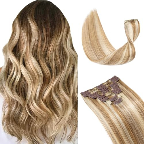 Hairro Clip in Hair Extensions 100% Human Hair 18 Inch 70g Thin Standard Weft 8 Pcs 18 Clips Straight Hair for Women Beauty Gift Balayage #12P613 Gol
