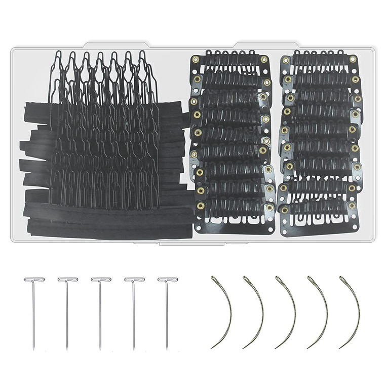 70 Pcs Wig Accessories Set 60Pcs Hair Extensions Wig Clips 7-Teeth Wig Combs with Cloth 6-Teeth U-Shape Metal Snap Clips 5 Curved Needles 5 T-Pins