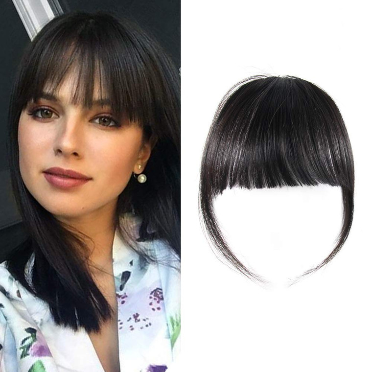Shinon Clip in Bangs Natural Real Human Hair Flat Bangs Fringe Hair Bangs Fashion Clip in Wispy Hair Extension (Flat Bangs with Temples,Black Brown)