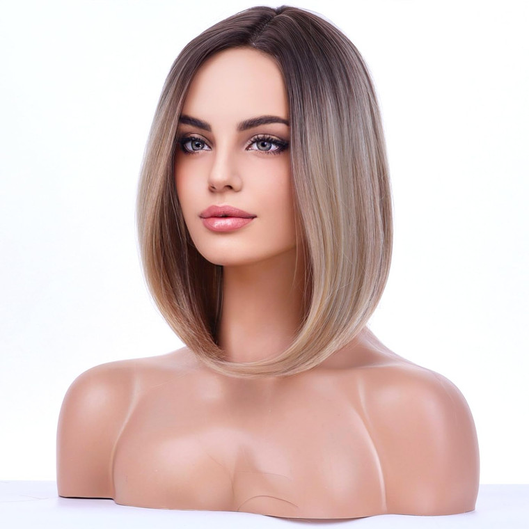 BERON 15'' Short Straight Dark Roots Ombre Blonde Bob Wigs Side Part Wig with No Bangs Wig Cap Included (Brown Ombre Blonde)