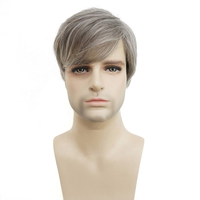 Wiginway Short Straight Wig for Men, Gray Synthetic Natural full Wigs, 6"