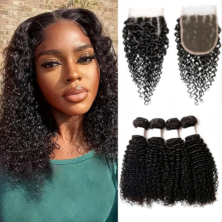 Mongolian Kinkys Curly Hair with Middle Part Closure Human Hair 4Bundles(50g/bundle) with Lace Closure Mongolian Curly Weave Bundles with Closure(10/