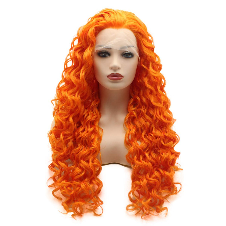 Meiyite Hair Curly Long 26inch Orange Half Hand Tied Heavy Density Synthetic Lace Front Wigs