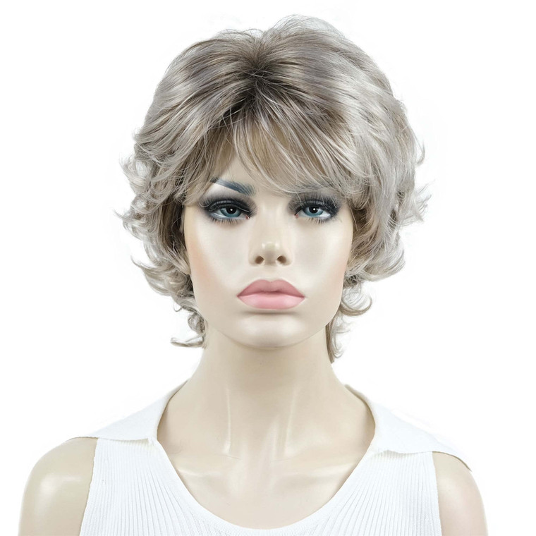 Aimole Synthetic Wigs Women's Curly Ends Short Fiber Wig With Layered Bangs(48T Light Gray with Dark Root)