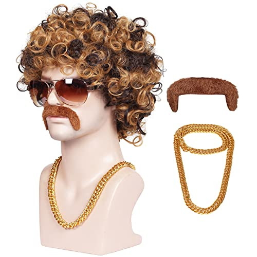 ColorGround 3-Pieces Chain and Moustache and Short Curly Wig for 70'S Disco Party (Brown with Blonde(3 pieces set))