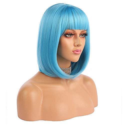 eNilecor Short Bob Hair Wigs 12" Straight with Flat Bangs Synthetic Colorful Cosplay Daily Party Wig for Women Natural As Real Hair+ Free Wig Cap (Bl