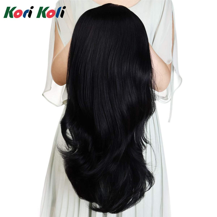 Kori Koli 24 Inch Wavy 3/4 Half Wig Long Synthetic Hair Extensions Black Capless Wigs Hair Clips Extension For Women 210g 12#