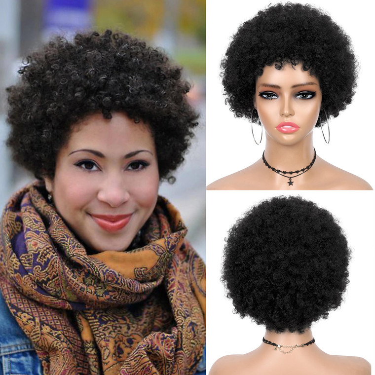 WIGER Short Human Hair Afro Kinky Curly Wigs for Black Women Pixie Cut Curly Wigs Black No Lace Curly Afro Hair African American Wigs Natural Looking