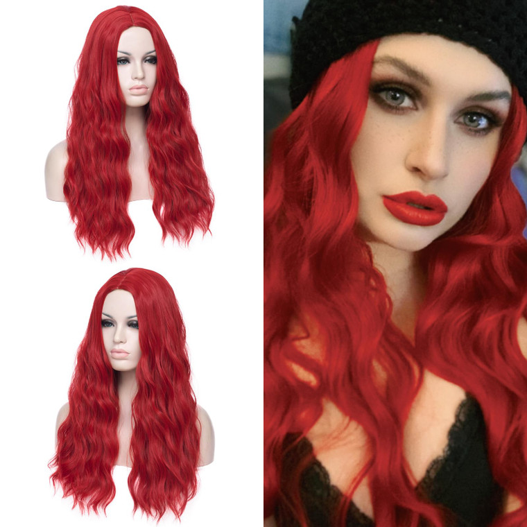 DWMGLP 24" Long Red Curly Wavy Wig For Women Heat Resistant Fiber Wigs Halloween Cosplay Daily Party+Cap (Red)