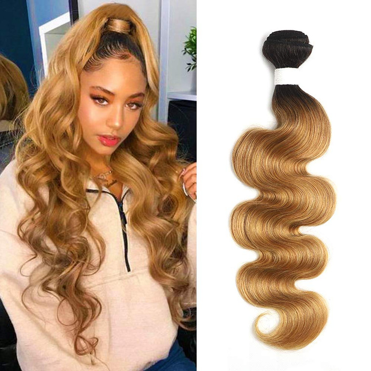 X-TRESS 1b/27 Human Hair Bundles 1 Bundle Ombre Honey Blonde Body Wave Brazilian Hair Weave 100% Human Hair Extensions Bundles Ombre Color 27 Hair We