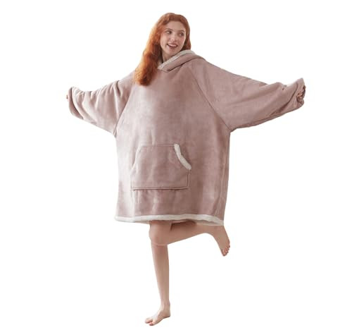 COOVA Wearable Blanket Hoodie, Oversized Flannel&Sherpa Hooded for Women and Men, Cozy Sweatshirt with Giant Pocket, Taupe