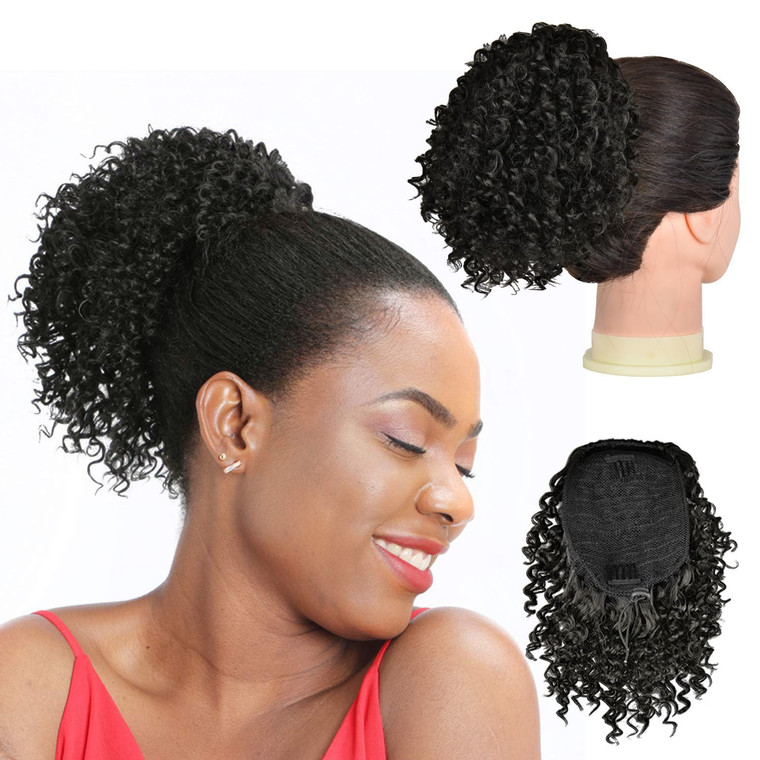 PEACOCO Drawstring Ponytail Afro Kinky Curly Ponytail for Black Women, 6 Inch Afro Puff Ponytail Extensions Jerry Curls Synthetic Hair with 2 Combs a