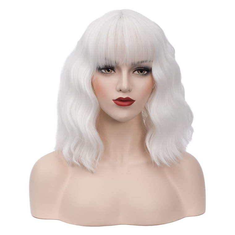 BUFASHION 14" Women Short Wavy Curly Wig White Bob Wig Cosplay Halloween Synthetic Wigs With Neat Bang Wig With Free Wig Cap (White 1)