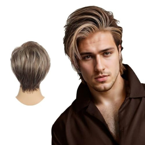 Swiking Men Wig Short Blonde Brown Layered Natural Synthetic Hair Full Wigs for Male Guy Daily Party Wear (Brown Blonde)