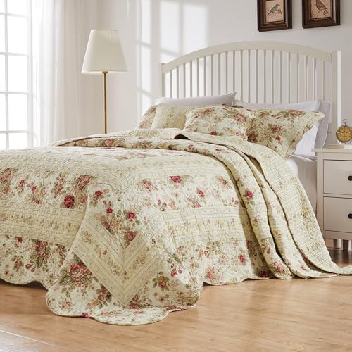 Greenland Home Antique Rose Jumbo Oversized 100% Cotton Bedding Set, Bedspread 120 W x 118 L with 2 Shams 20 W x 26 L Each, King (3 Piece), Ecru