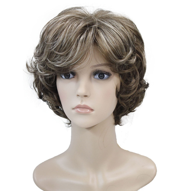 Wiginway Short Layered Shaggy Wavy Wigs Full Synthetic Bob Capless Wigs for White Women Brown Highlights