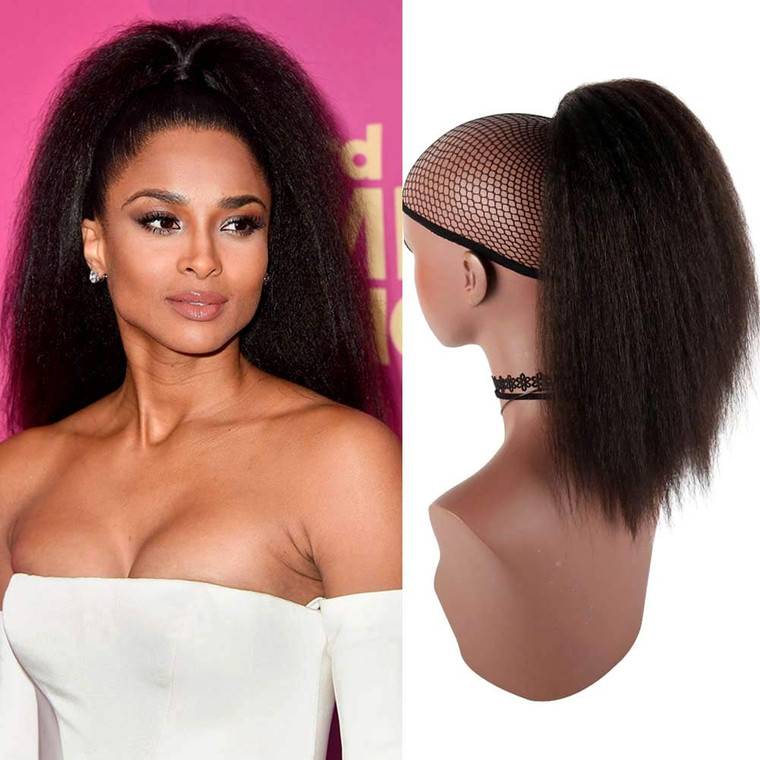 YITI Medium Long Afro Kinky Straight Drawstring Ponytail Extension for Black Women,Light Yaki Curly Clip in Ponytail High Temperature Synthetic Hairp